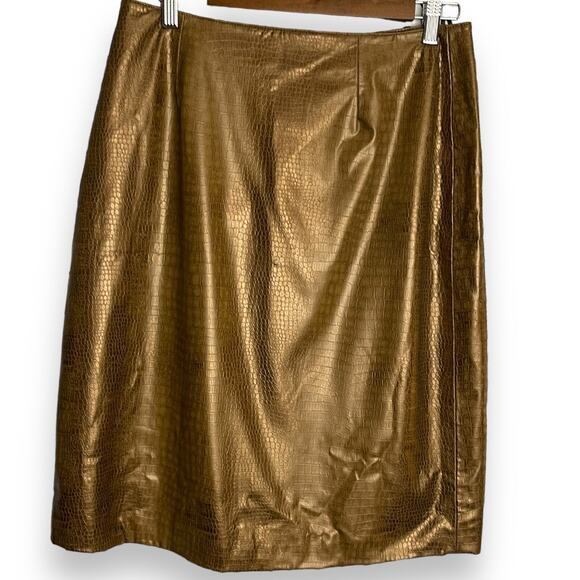 OCI Faux Leather Skirt Women's 11 Juniors Golden Brown Embossed Chic Modest New - Picture 1 of 12